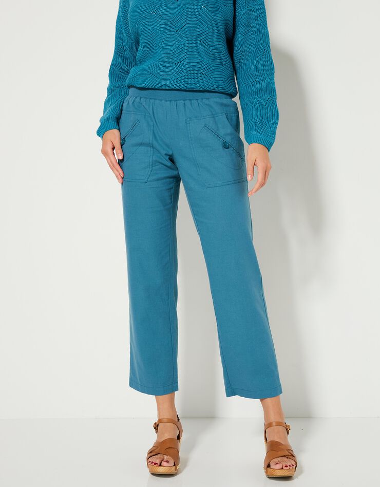 Pantalon coupe droite 7/8ème taille élastiquée, lin coton (bleu paon) Pantalon coupe droite 7/8ème taille élastiquée, lin coton (bleu paon)