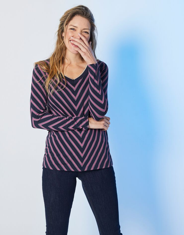 Tee-shirt col V fantaisie rayé (marine / violine) Tee-shirt col V fantaisie rayé (marine / violine)