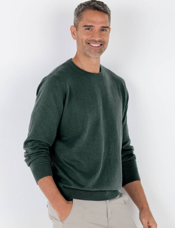 Pull pur coton col rond manches longues (vert chiné)