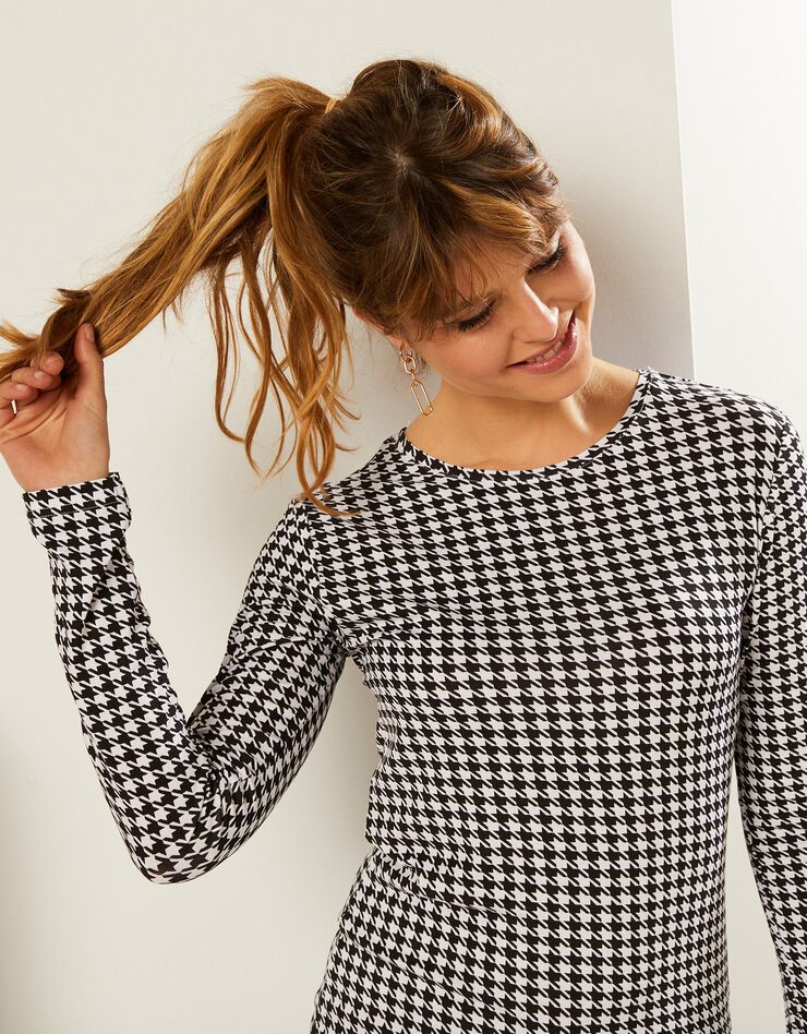 Tee-shirt col rond imprimé pied-de-poule, stretch (noir / blanc) Tee-shirt col rond imprimé pied-de-poule, stretch (noir / blanc)