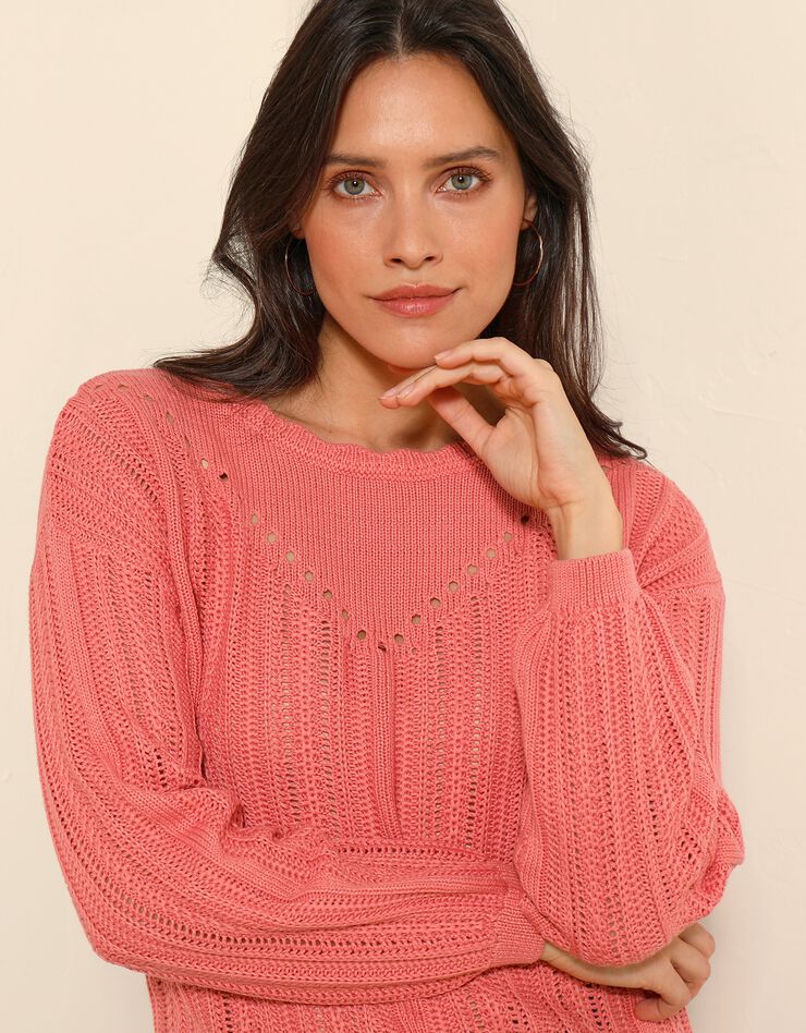 Pull col festonné, maille ajourée fantaisie (corail) Pull col festonné, maille ajourée fantaisie (corail)