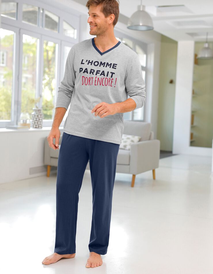Pyjama pantalon à message col V manches longues (gris chiné / marine) Pyjama pantalon à message col V manches longues (gris chiné / marine)