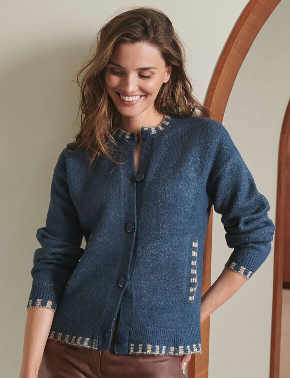 Gilet boutonn&eacute; bicolore, maille moelleuse (bleu / beige)