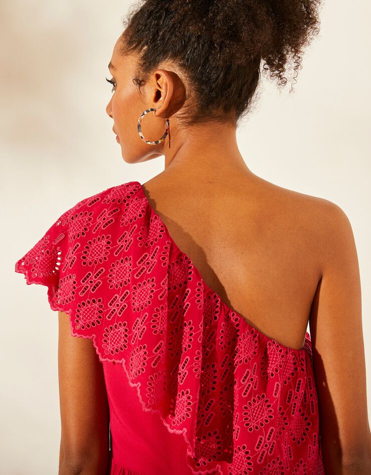 Robe longue one shoulder avec volant broderie anglaise (framboise)