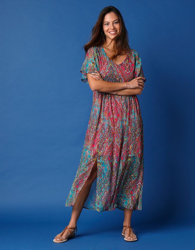 Robe longue en voile imprimé (aqua / rose)