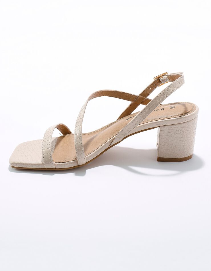 Sandales à fines brides effet croco et talon carré (crème)