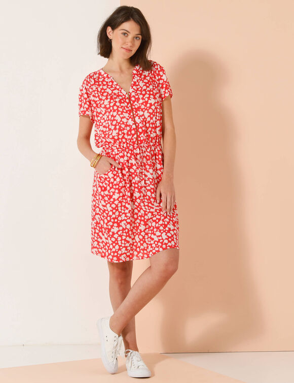 Robe courte col zippé, crépon imprimé (rouge / écru)