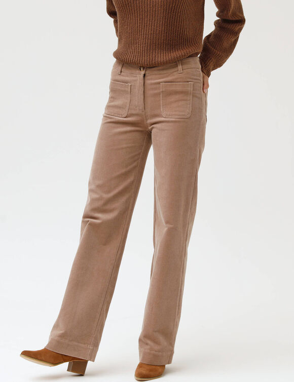 Pantalon velours coupe large taille haute, stature moyenne (beige)