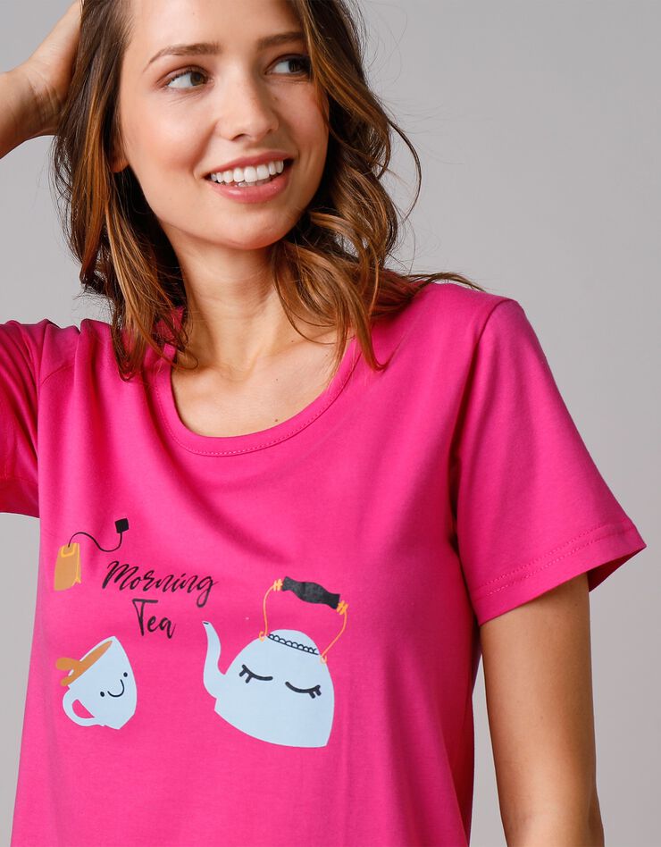 Chemise de nuit courte imprimé "Theière" (fuchsia)