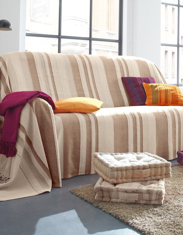 Plaid jeté multicolore coton tissage artisanal (écru)