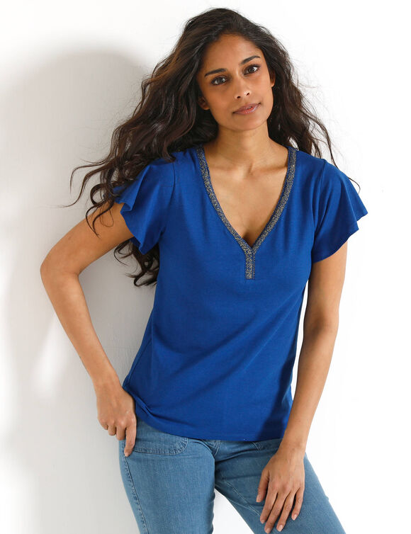 T-shirt col V dor&eacute; maille unie (bleu dur)