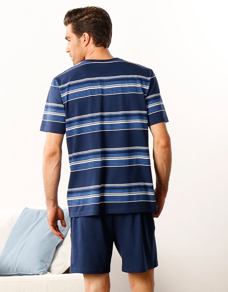 Pyjashort col V coton rayé (bleu marine)