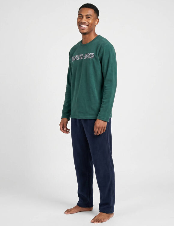 Pyjama brod&eacute; en maille polaire (vert / marine)