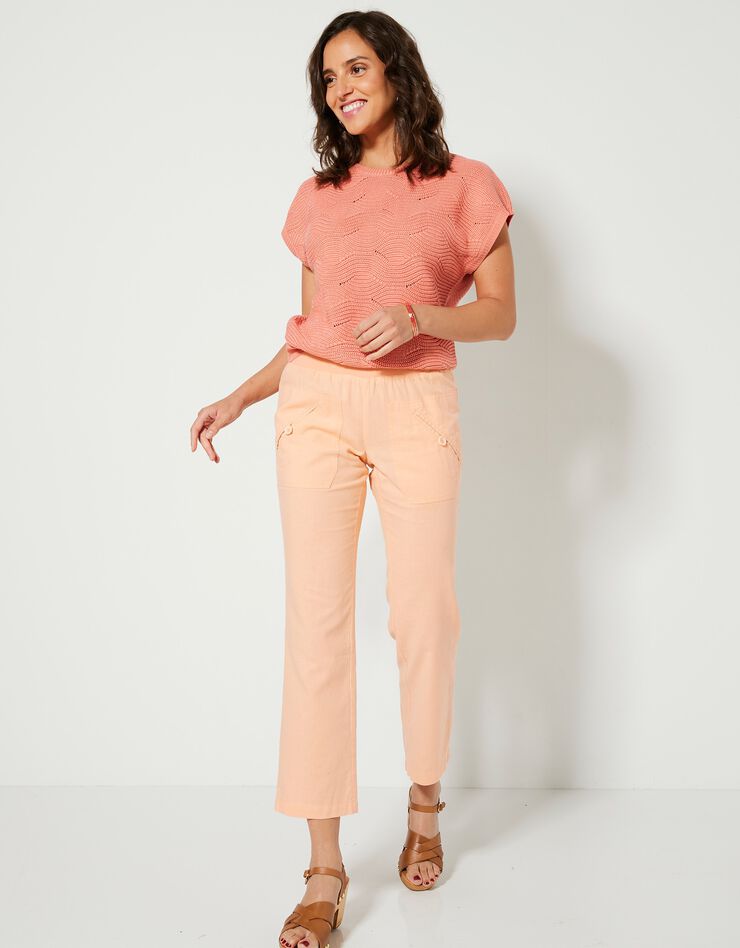 Pantalon coupe droite 7/8ème taille élastiquée, lin coton (pêche) Pantalon coupe droite 7/8ème taille élastiquée, lin coton (pêche)