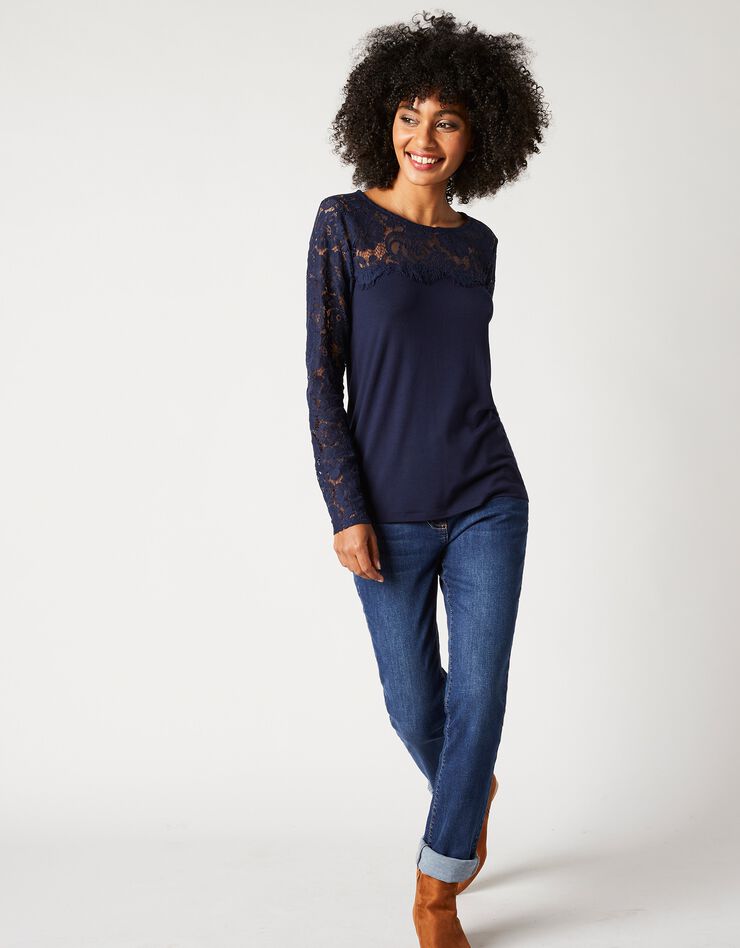 Tee-shirt col rond manches longues, dentelle jersey (marine) Tee-shirt col rond manches longues, dentelle jersey (marine)