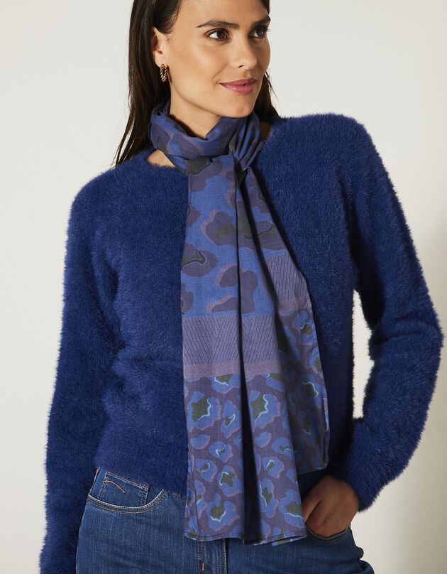Foulard style chèche fabriqué en France imprimé animalier, 198 x 38 cm - coton (bleu / violet)