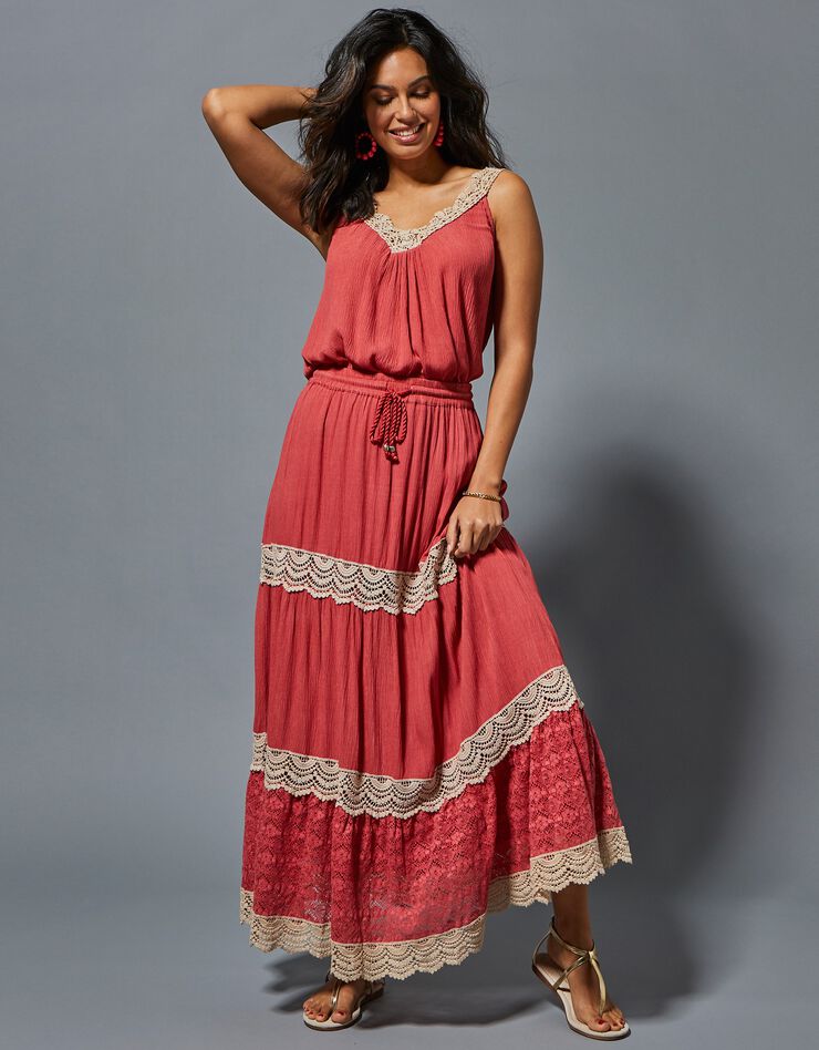 Jupon long macramé taille élastiquée (bois de rose) Jupon long macramé taille élastiquée (bois de rose)
