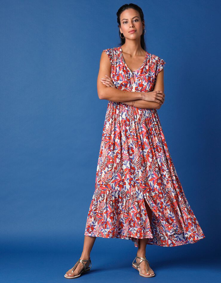 Robe longue imprimée sans manches (écru / rouge)