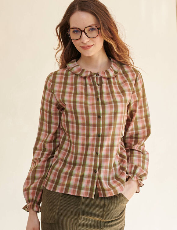 Chemisier col claudine &agrave; carreaux, fils tiss&eacute;s teints (kaki / rose)