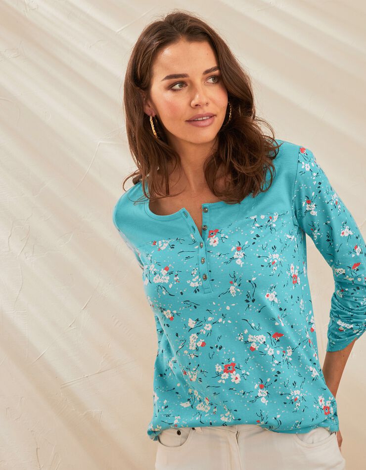 Tee-shirt col tunisien manches longues imprimé fleuri (turquoise)