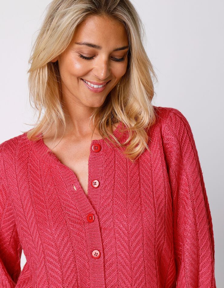 Cardigan boutonné maille fantaisie manches bouffantes (corail) Cardigan boutonné maille fantaisie manches bouffantes (corail)