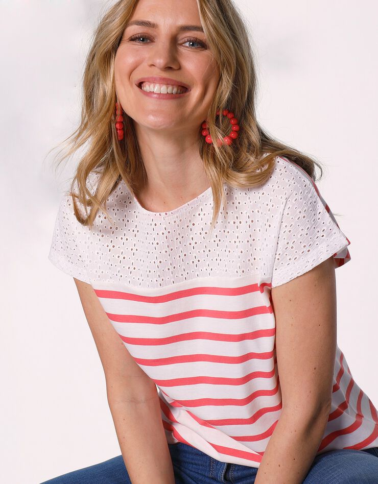 Tee-shirt rayé boutonné broderie anglaise (blanc / rose) Tee-shirt rayé boutonné broderie anglaise (blanc / rose)