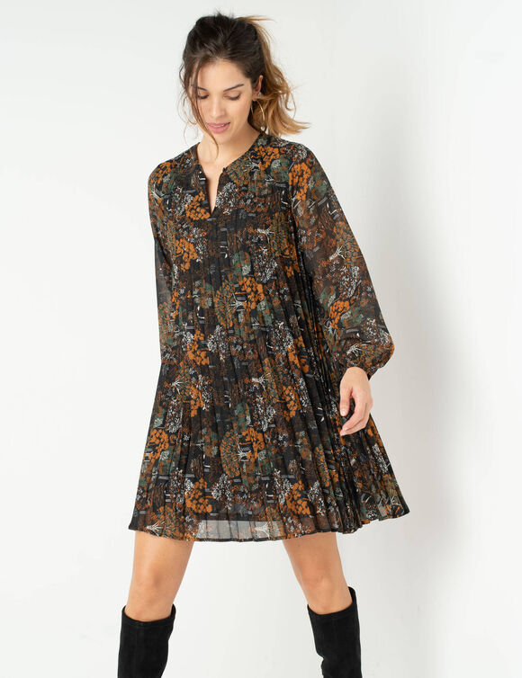 Robe courte pliss&eacute;e imprim&eacute;e (noir / bronze)