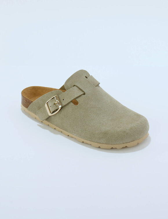 Sabots cro&ucirc;te de cuir avec boucle r&eacute;glable (vert sauge)