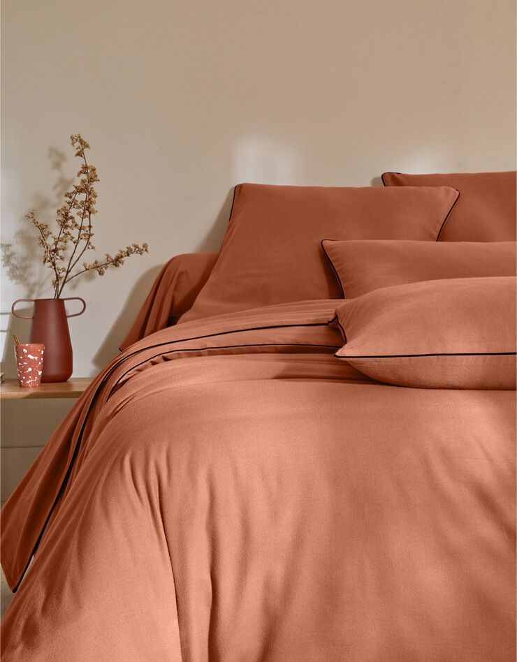 Linge de lit uni flanelle passepoil contrasté, collection "Intemporelle" (tomette)