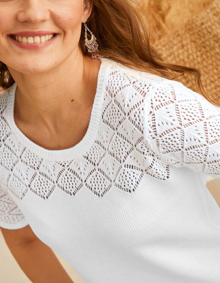 Pull manches courtes, maille ajourée toucher cachemire (blanc) Pull manches courtes, maille ajourée toucher cachemire (blanc)