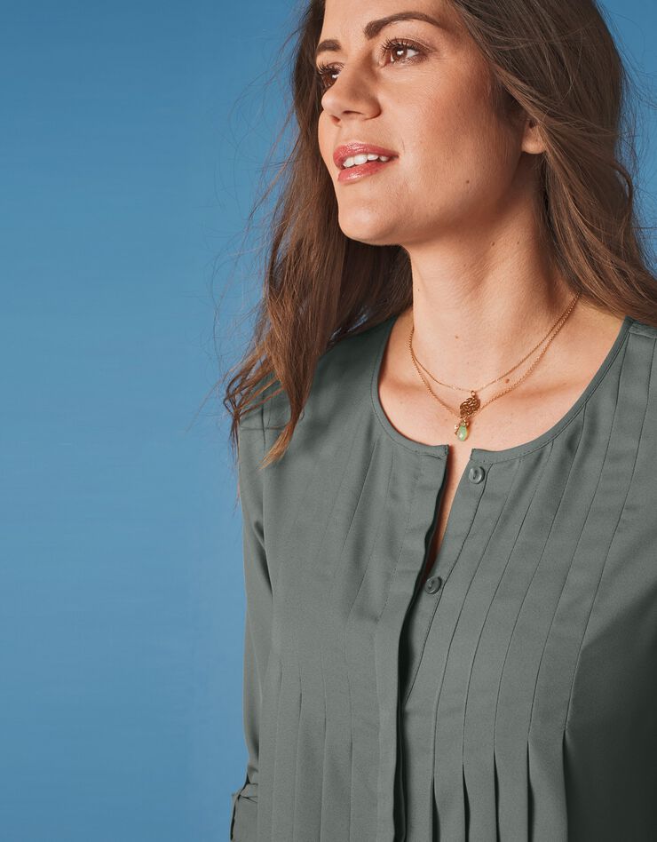 Blouse boutonnée à plis évasée unie, crêpe (bronze) Blouse boutonnée à plis évasée unie, crêpe (bronze)