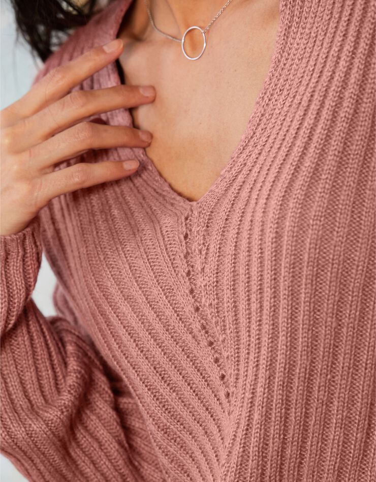 Pull col V maille côtelée (bois de rose) Pull col V maille côtelée (bois de rose)