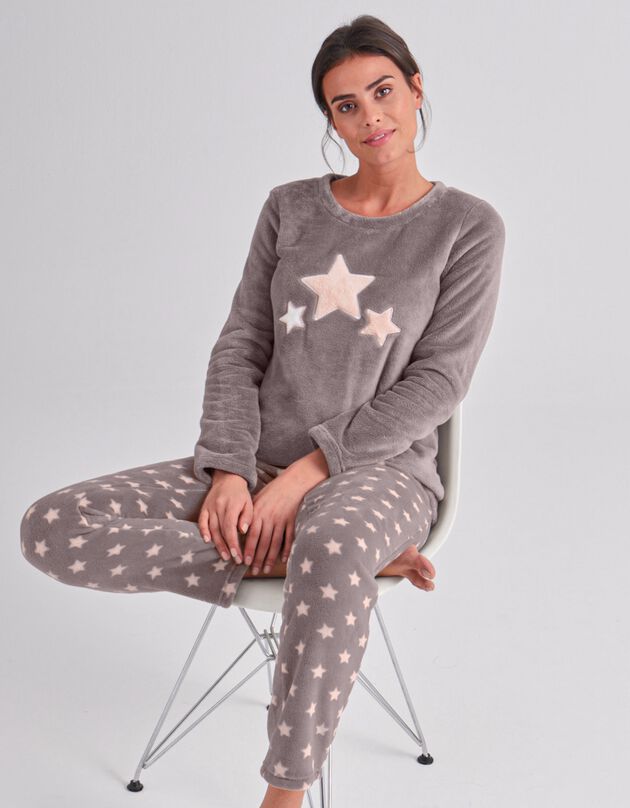 Pyjama pantalon polaire, toucher peluche (taupe / rose)