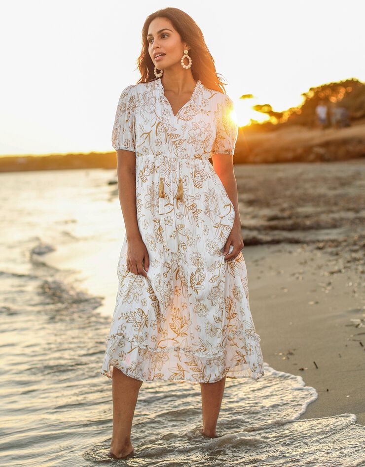 Robe longue volantée imprimée (blanc / caramel) Robe longue volantée imprimée (blanc / caramel)
