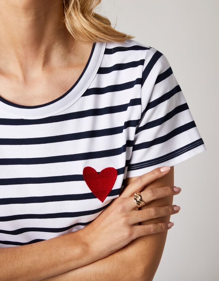 Tee-shirt rayé broderie "coeur", fils tissés-teints (blanc / bleu)