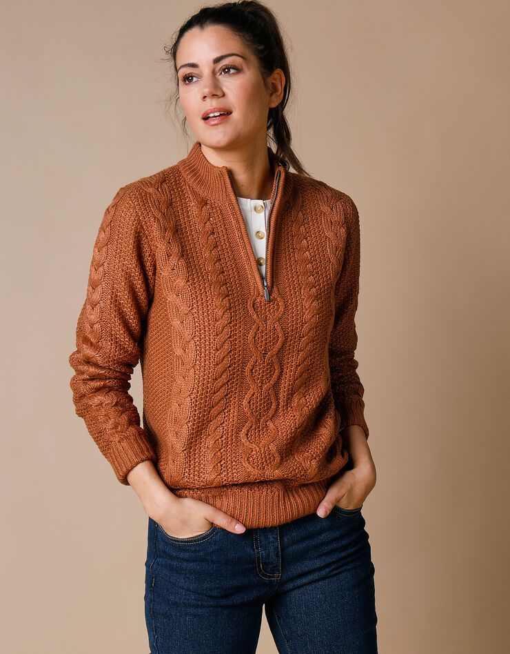 Pull col montant zippé maille torsadée toucher cachemire (noisette) Pull col montant zippé maille torsadée toucher cachemire (noisette)