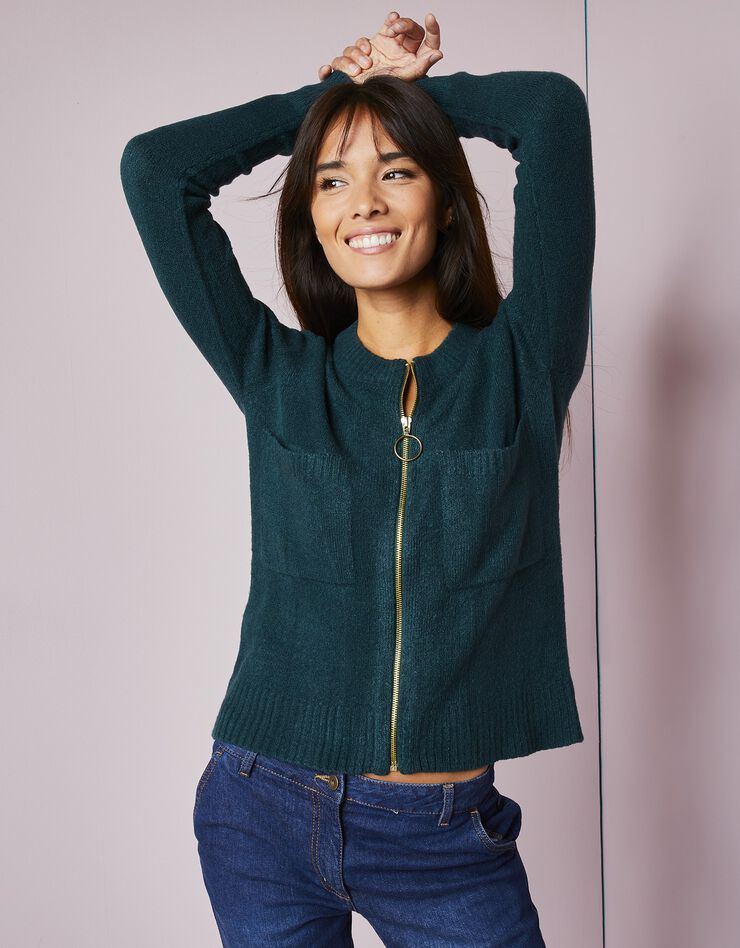 Cardigan zippé poches, maille moulinée (vert émeraude) Cardigan zippé poches, maille moulinée (vert émeraude)