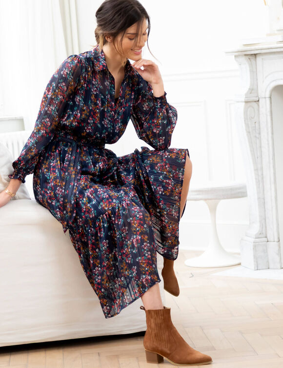 Robe-chemisier longue en voile jacquard imprimé floral (marine / caramel)