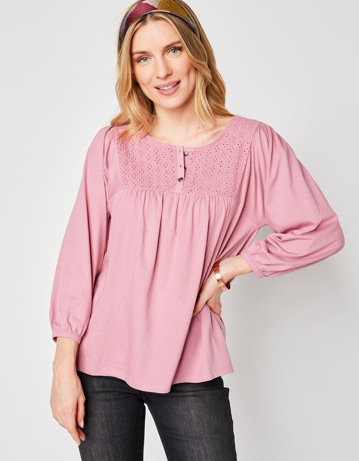 Tee-shirt manches 3/4, empiècement broderie anglaise (rose grisé) Tee-shirt manches 3/4, empiècement broderie anglaise (rose grisé)
