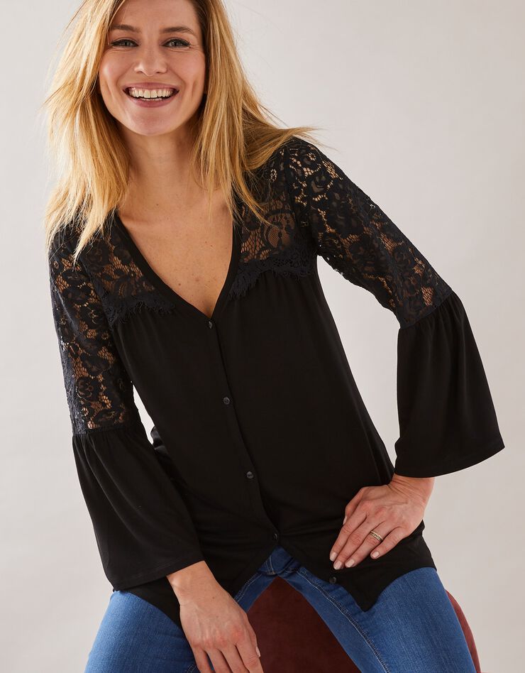 Tee-shirt boutonné manches 3/4 dentelle (noir) Tee-shirt boutonné manches 3/4 dentelle (noir)