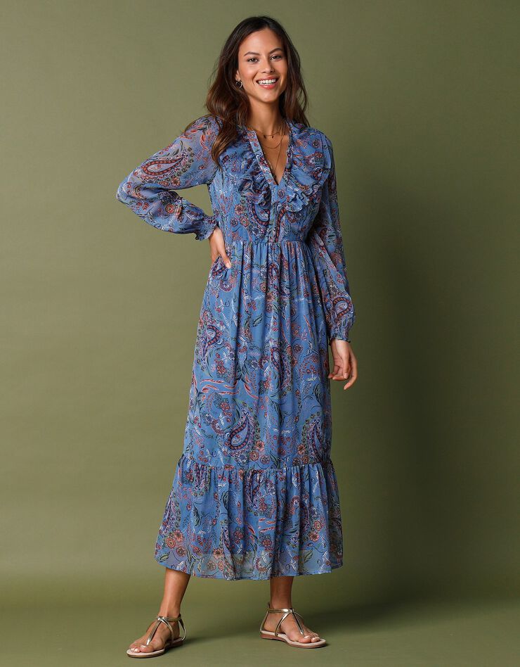 Robe longueur midi volantée en voile imprimé (bleu)