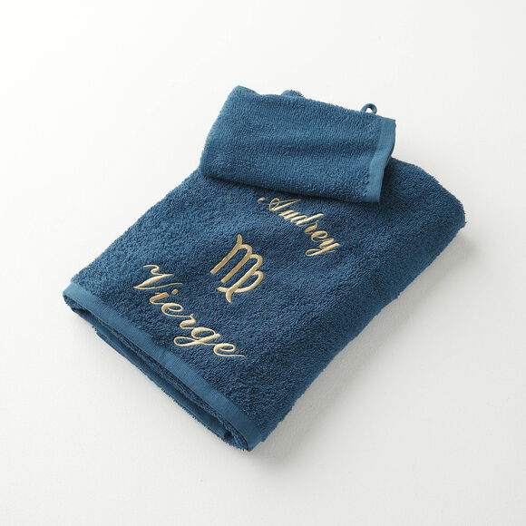 Serviettes de bain brod&eacute;es Vierge personnalisable - 420g/m2 (bleu paon)