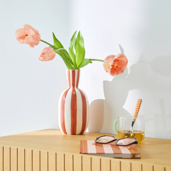 Vase gr&egrave;s ray&eacute; blanc terracotta  (blanc/terracotta)