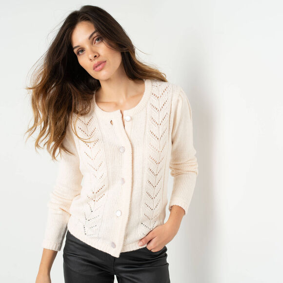 Gilet boutonn&eacute; maille fantaisie (&eacute;cru)