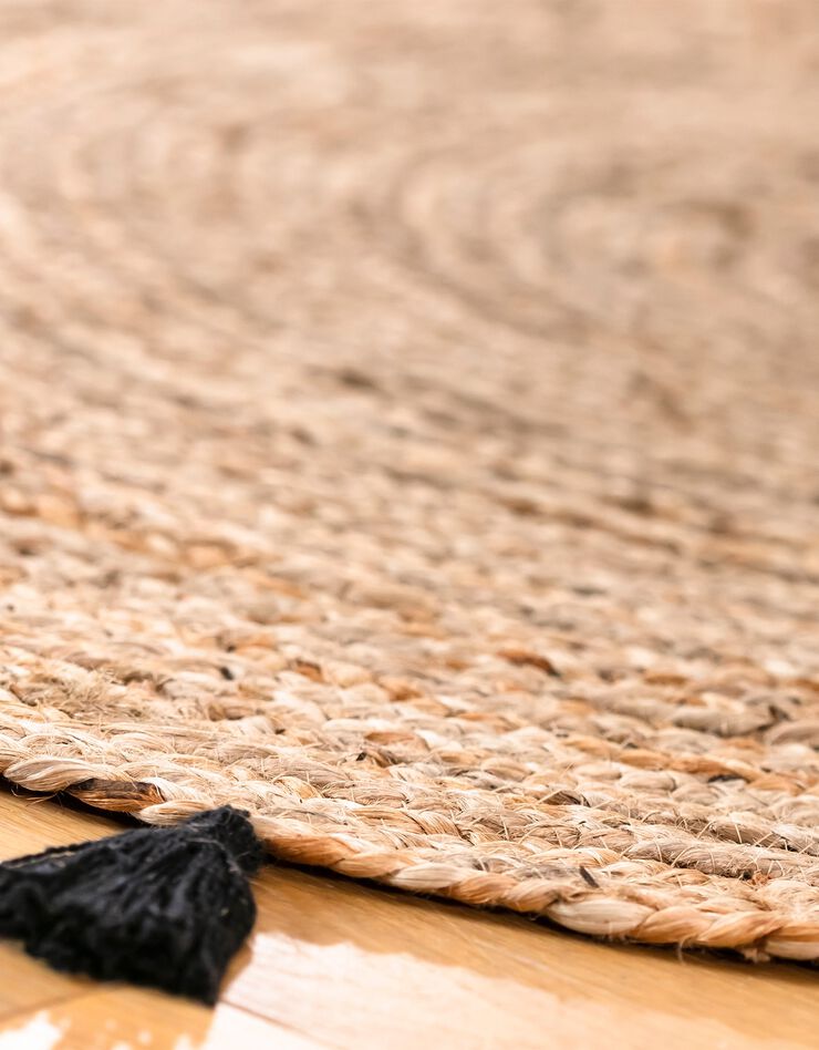 Tapis rond en jute avec pompons de couleur (noir)