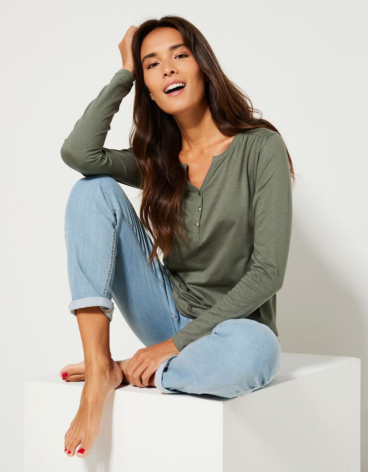 Tee-shirt col tunisien manches longues, uni (kaki) Tee-shirt col tunisien manches longues, uni (kaki)