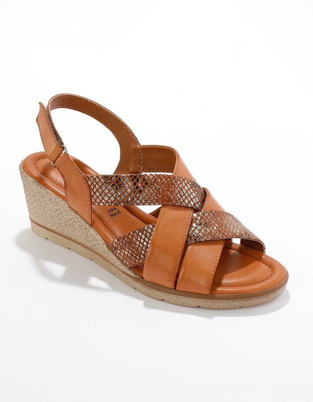 Sandales compensées brides croisées fantaisie (caramel)