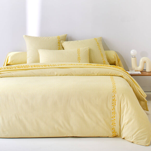 Linge de lit Faustine imprim&eacute; rayures et brod&eacute; - coton 57 fils/cm&sup2; (jaune)