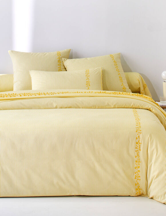 Linge de lit Faustine imprim&eacute; rayures et brod&eacute; - coton 57 fils/cm&sup2; (jaune)