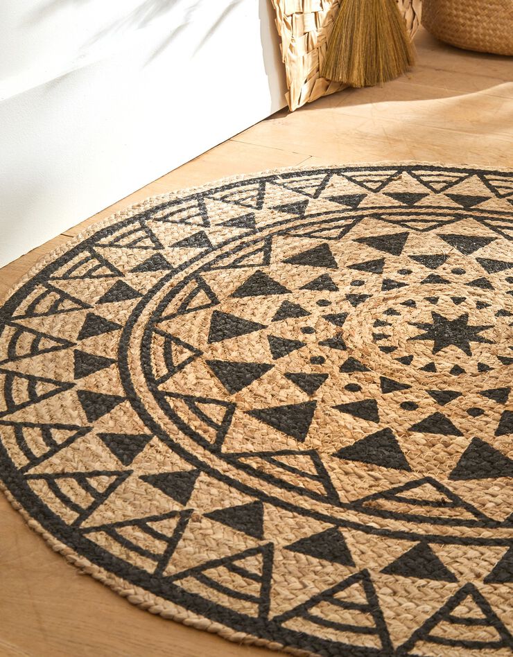 Tapis rond en jute imprimé noir (noir / naturel)